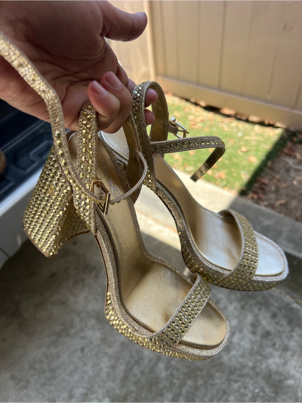 Gold Rhinestone Block Heel Sandals - Elegant Evening Heels